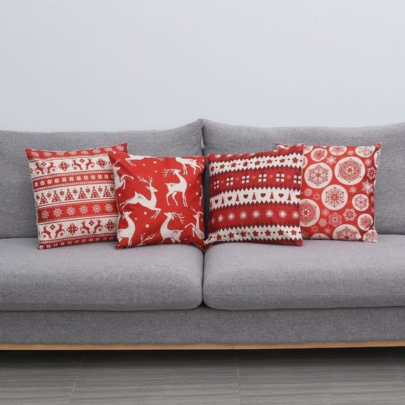 Set of 4 Red and White Christmas Theme Pattern Polyester Cushion Cover Red - Picture 2 of 5
